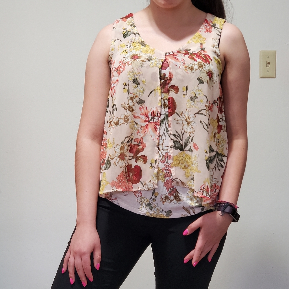 Floral Pink Sleeveless Blouse